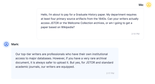 WriteAnyPapers support chat with Mark about JSTOR access and archival materials