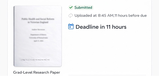 Completed paper file showing first page and delivery 11 hours before deadline